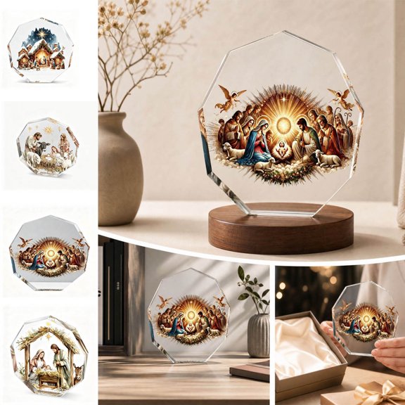 PYURTEP Nativity Ornament, Acrylic Holy Family Desktop Decor, Religious Christmas Decoration for Home Office, 3.94 inch