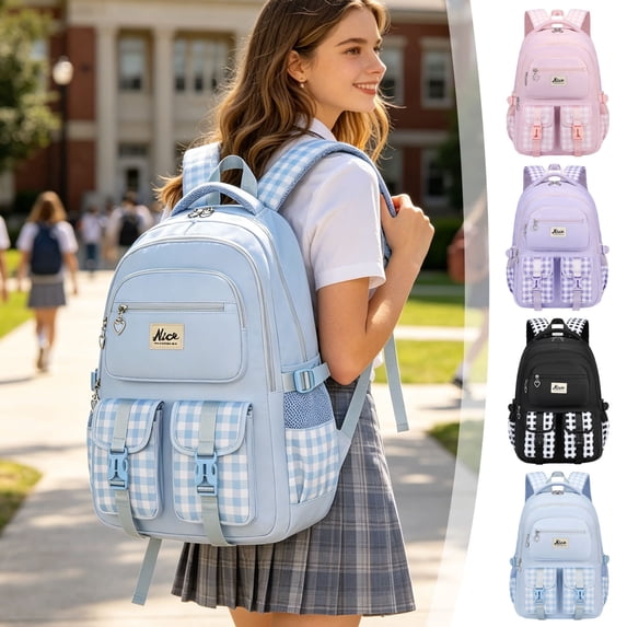 PYURTEP Plaid School Backpack for Girls Boys, Waterproof Nylon Large Capacity Backpack with Multi Pockets for Elementary Middle High School