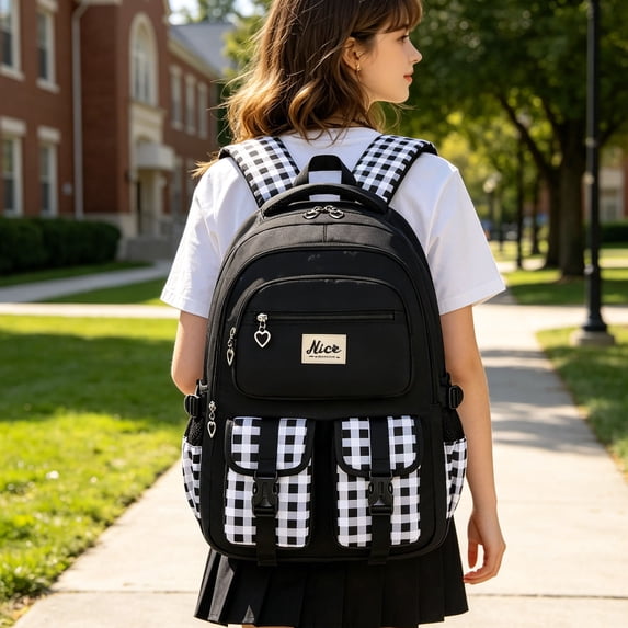 PYURTEP Plaid School Backpack for Girls Boys, Waterproof Nylon Large Capacity Backpack with Multi Pockets for Elementary Middle High School