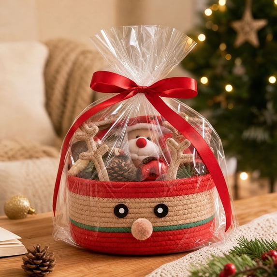 PYURTEP Reindeer Christmas Basket, Woven Cotton Rope Storage Basket, White Empty Gift Baskets for Holiday Gifts and Treats