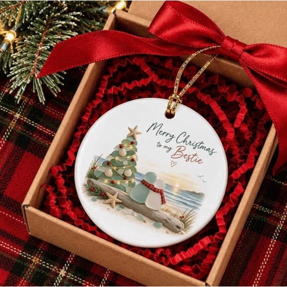 PYURTEP Sea Glass, Beach Theme Acrylic Friendship Keepsake, Merry Christmas to My Bestie Hanging Christmas Ornament for Tree, Round
