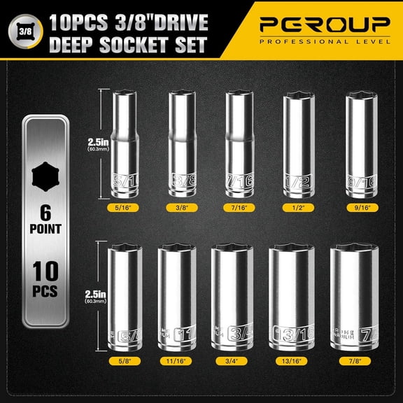 PYVYAN-10PCS 3/8 Drive Deep Socket Set, SAE (5/16"-7/8"), 6-Point, Cr-V Steel, Chrome Plated Socket With Hanging Bracket, Cover Most Commonly Sizes