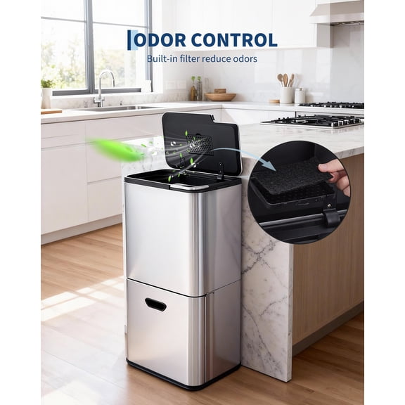 PYY 16 Gallon Dual Compartment Kitchen Trash Can – Stainless Steel Indoor Recycling & Garbage Bin Combo with Compost Caddy, Removable Odor-Control Buckets, Pull-Out Design, Tall Waste Bin – Silver