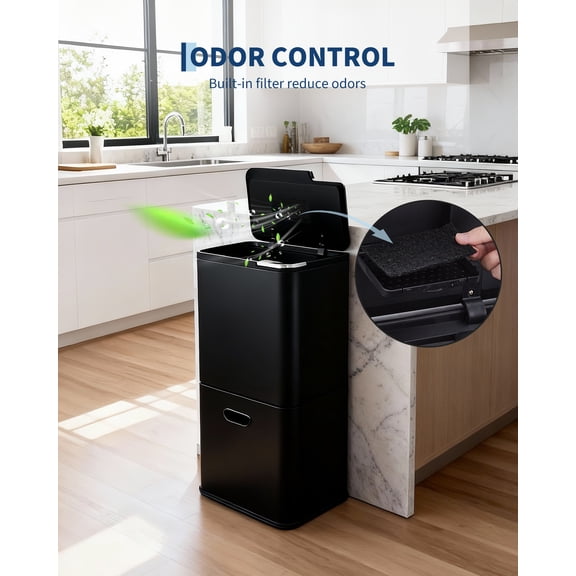 PYY 16 Gallon Dual Compartment Kitchen Trash Can – Stainless Steel Recycling & Garbage Bin Combo with Compost Caddy, Removable Odor-Control Buckets, Pull-Out Wheels, Fingerprint Resistant – Black