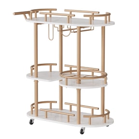 PYY 3-Tier Rolling Bar Cart with Wine Rack & Glass Holder - Slim Metal Serving Cart on Wheels for Kitchen, Living Room & Entryway - Gold Frame, White Marble Wood Panel - 34.2 x 15.7 x 37 in