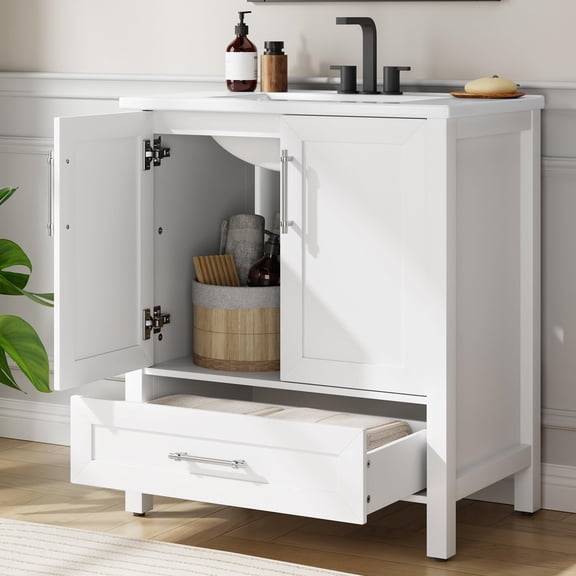 PYY 30 Inch Bathroom Vanity with Ceramic Sink, Modern Freestanding Bathroom Storage Cabinet Combo with 2 Doors and 1 Drawer, Easy to Clean, White