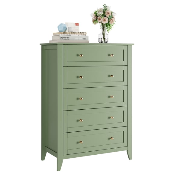 PYY 5 Drawer Dresser, Wood Chest of Drawers with Apple Green Lacquer Finish, Sturdy MDF Clothes Storage Cabinet for Bedroom, Nursery and Entryway, Anti-Tip Kit, Green