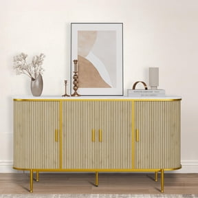 PYY 50" Modern Buffet Cabinet with Storage, Mid Century Fluted Accent Coffee Bar Console Table with Curved Profile Sliding Doors, Faux Marble Top for Kitchen, Living Room, Entryway and Home Office