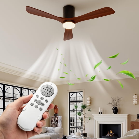 PYY 52-Inch Flush Mount Ceiling Fan with Lights & Remote - Low Profile, Quiet Reversible DC Motor, 6 Speeds, Dimmable 24W LED 3CCT, Solid Wood Blades, ETL Listed - Size: 52 inches