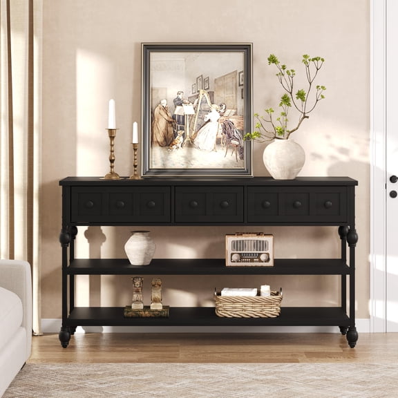 PYY 52" Narrow Console Table with 3 Drawers - Industrial Farmhouse Sofa Table Behind Couch - 2 Storage Shelves, Roman Column Legs, Metal/Wood, Anti-Tip, Adjustable Feet - Black New