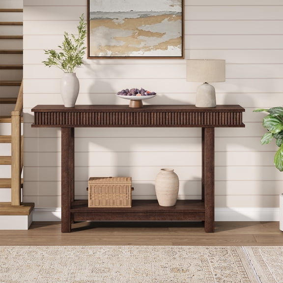 PYY 55.1" Long Console Table for Entryway, Narrow Sofa Table Behind Couch, Rustic Brown Entry Table with Wavy Wood Legs for Living Room Hallway Foyer, Sturdy Particle Board Accent Table