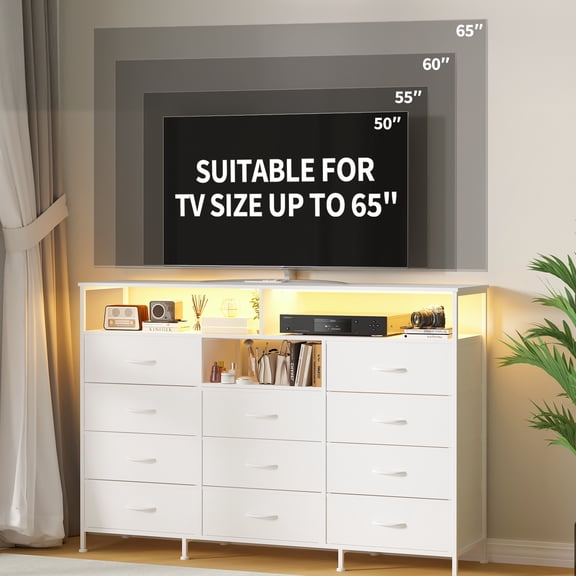PYY 55'' White 11-Drawer Fabric Dresser for Bedroom – LED Lights, Charging Station, Power Outlet, Wood Top Chest, Steel Frame Storage Organizer TV Stand for Living Room, Hallway, Home Office, White