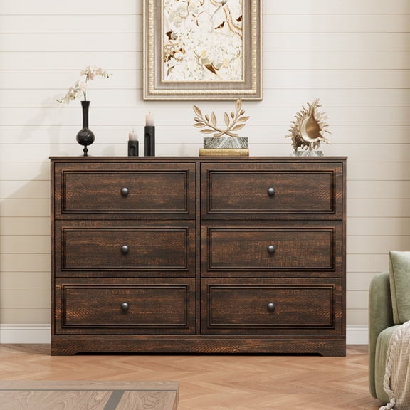 PYY 6-Drawer Farmhouse Dresser for Bedroom, 47" Wide Wooden Chest of Drawers with Ample Storage – Boho Style – Dark Brown