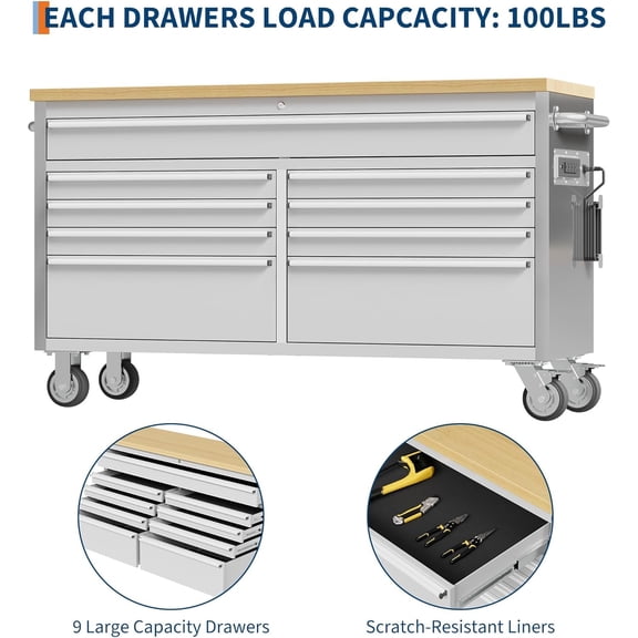 PYY 61" Heavy Duty Rolling Tool Chest Workbench – 10 Drawers, Sturdy Rubber Wood Top, Power Strip, Lock, Drawer Liners, 1675 lbs Capacity – Mobile Storage Cabinet for Garage & Workshop – Silver