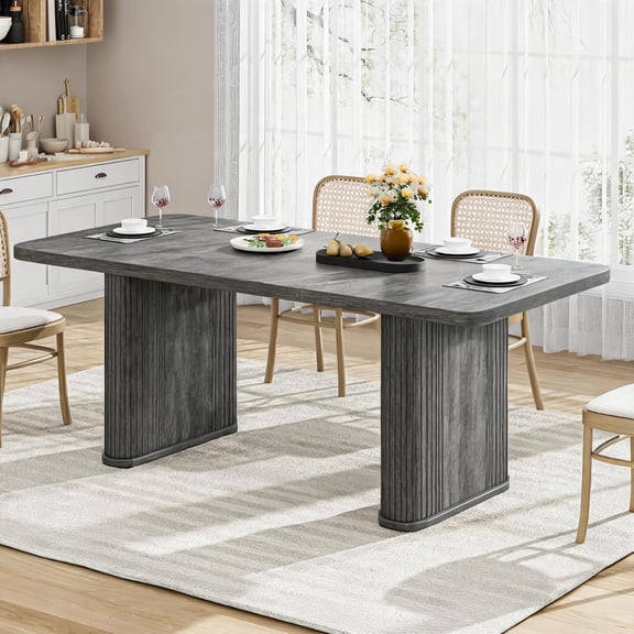 PYY 62" Rectangular Dining Table for 6-8 – Sturdy Solid Wood Table with Grille Design & Double Pedestal Base, Modern Gray Finish – Oak Gray