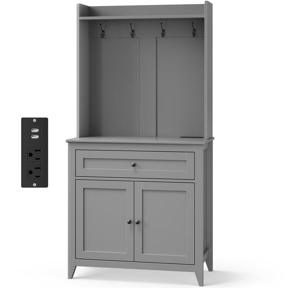 PYY 63" Tall Kitchen Pantry Cabinet, Gray Microwave Cabinet with Open Shelf and 6 Drawers, Modern Lacquered Wave Panel, Sturdy MDF Storage Hutch