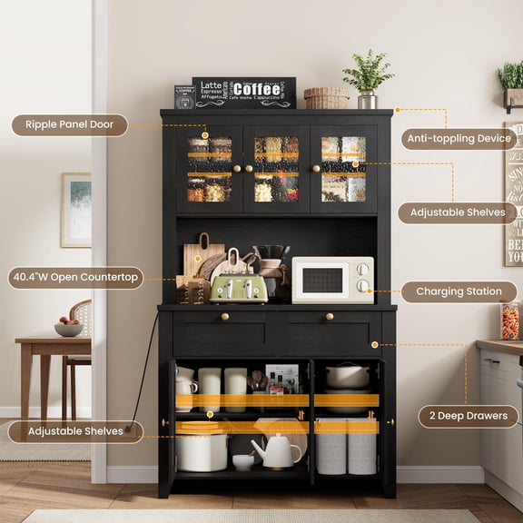 PYY 66" Kitchen Pantry Storage Cabinet Kitchen Hutch Coffee Bar with LED Lights & Charging Station, Tall Pantry Cabinet with Storage Drawers and Adjustable Shelves for Dining Living Room, Home, Black