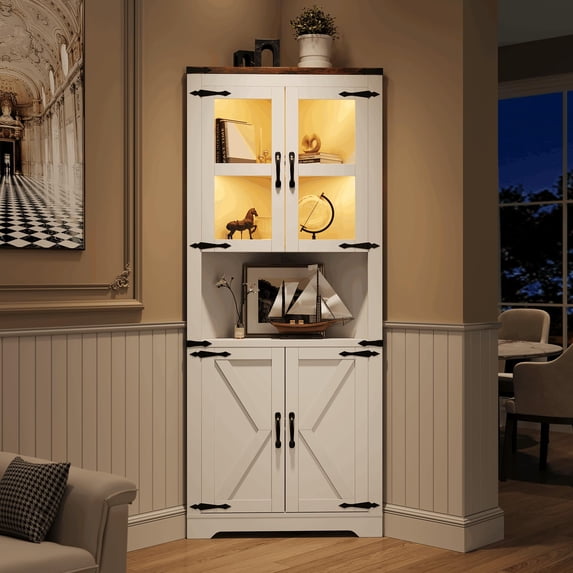 PYY 67 in Tall Corner Storage Cabinet with Lights, Farmhouse Corner Hutch Display Cabinet with Glass Doors, Wooden Storage Organizer for Kitchen, Home Office, Living Room, Bathroom, White