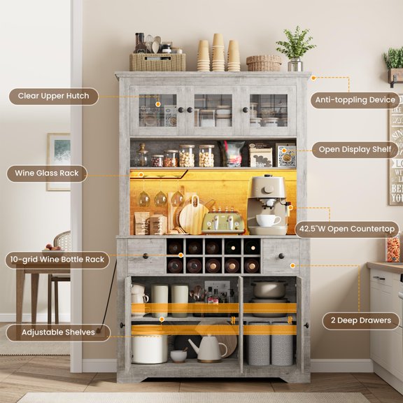 PYY 68.7" Pantry Cabinet with LED Light, Charging Station, Wine Glass Rack & Drawers – Farmhouse Hutch with Adjustable Shelves, Countertop – Dining, Home Office or Living Room –Gray