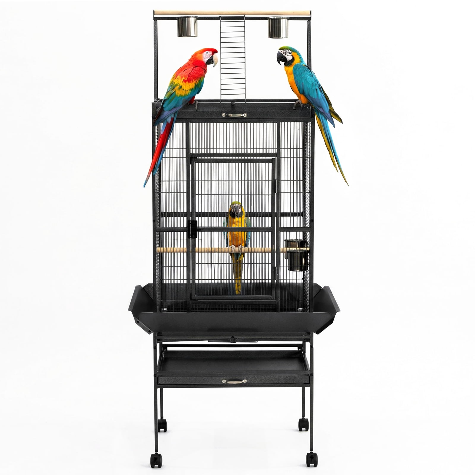 PYY 68-Inch Large Bird Cage for African Grey Parrots Macaws Cockatiels, Heavy Duty Wrought Iron Flight Cage with Play Top, Rolling Stand and Seed Guard, Black