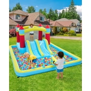 PYY 7-in-1 Inflatable Bounce House - Indoor & Outdoor Bouncy Castle with Slide and 350W Blower - Durable Backyard Play Jumper - Blue