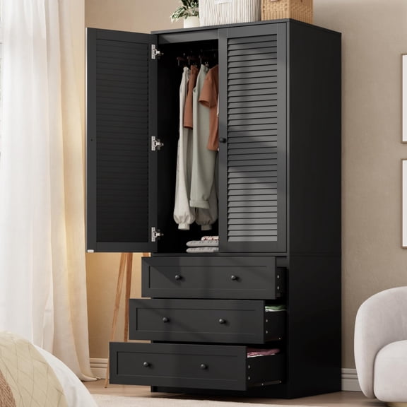 PYY 70" Wardrobe Armoire Wooden Closet with 2 Doors and 3 Drawers, Bedroom Armoire with Hanging Rod Shelf, Large Capacity Storage Wardrobe Armoire, Freestanding Wooden Closet Storage Cabinet, Black