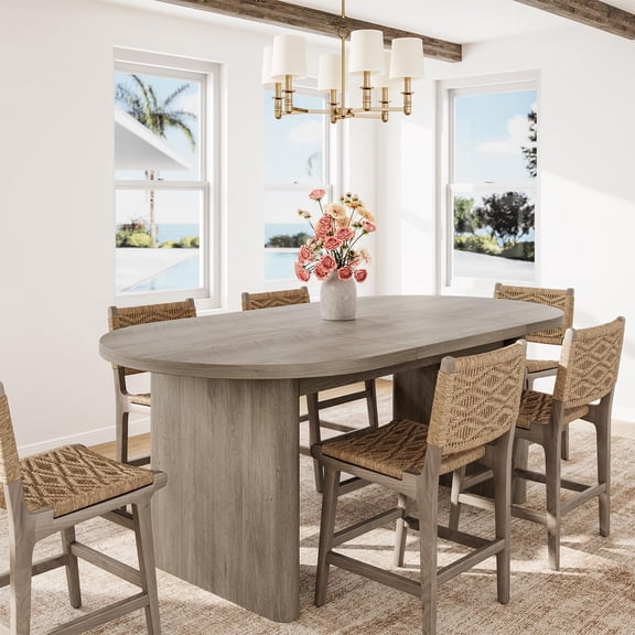 PYY 71 Inch Oval Dining Table for 6-8 People, Modern Farmhouse Kitchen Dinner Table with Sturdy Double Pedestal Base, Large Wood Grain Table for Home Dining Room, Gray Walnut