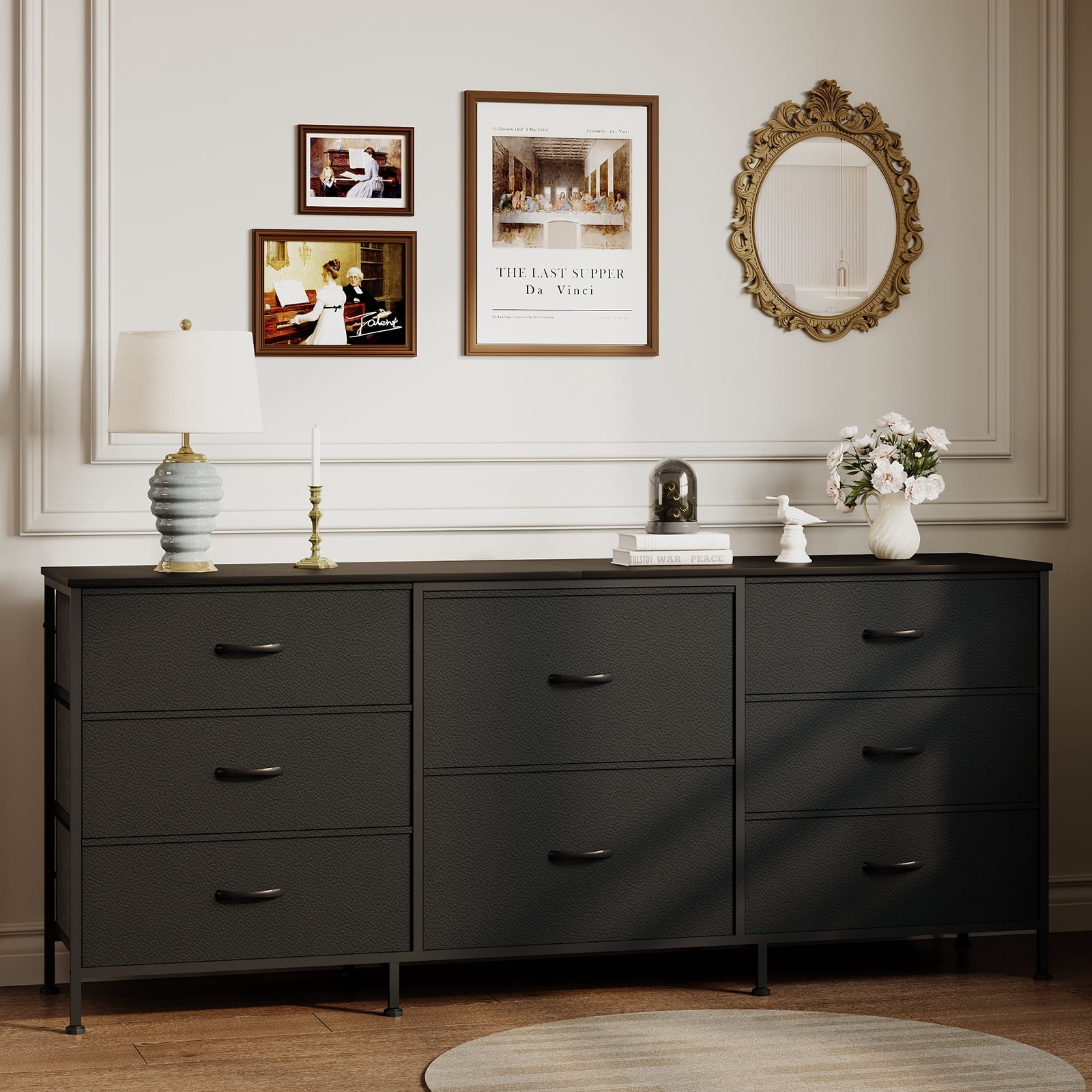 PYY 8-Drawer Black Fabric Dresser TV Stand for Bedroom, Living Room, Home Office - 63" Wide Storage Chest with Wooden Top, Metal Frame, Entertainment Center Fits 65-75" TVs - Black