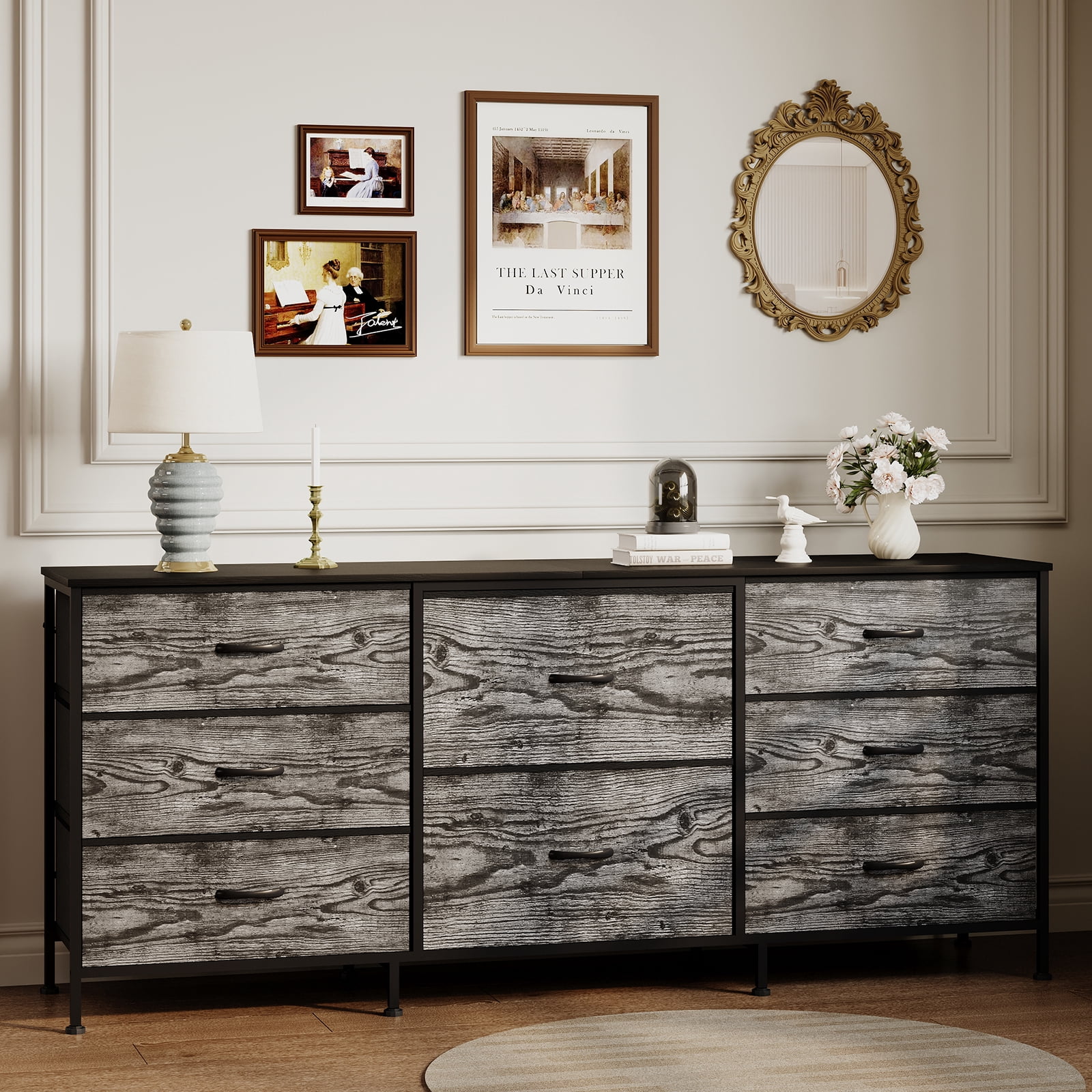 PYY 8-Drawer Fabric Dresser TV Stand for Bedroom, Living Room, Home Office - 63" Long Storage Cabinet with Wooden Top, Wide TV Console, Entertainment Center for 65-75" TVs, Gray