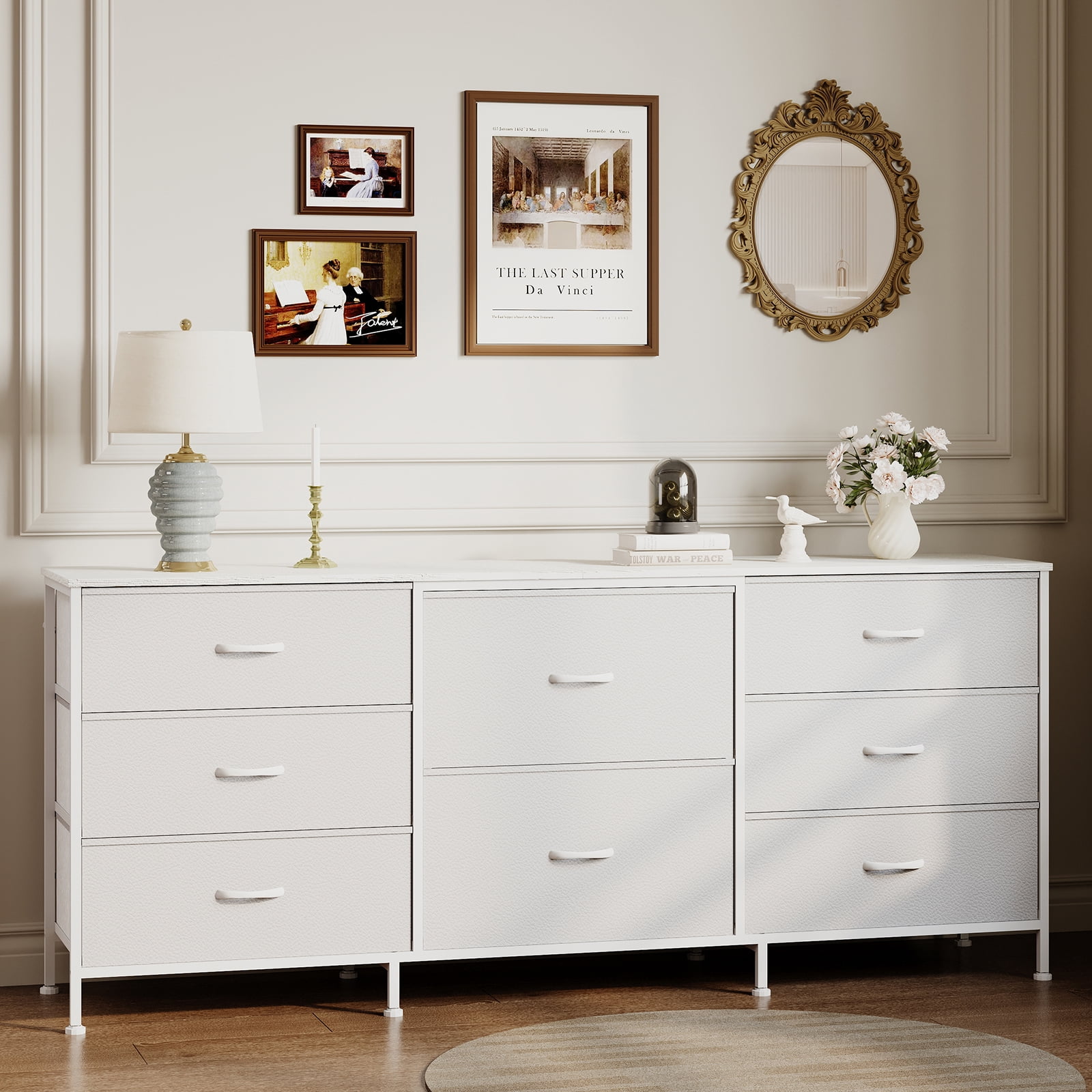 PYY 8-Drawer Fabric Dresser TV Stand for Bedroom, Living Room, Home Office - 63" Wide Storage Chest with Wooden Top, Metal Frame, Fits 65-75" TVs - Natural Wood, White