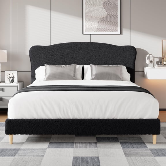 PYY Adjustable Boucle Headboard Platform Bed Frame for Home Office - Upholstered Queen, Soft Fleece, Sturdy Wood Slats, Rounded Corners, Noise-Free, Easy Assembly, Black, QUEEN Size