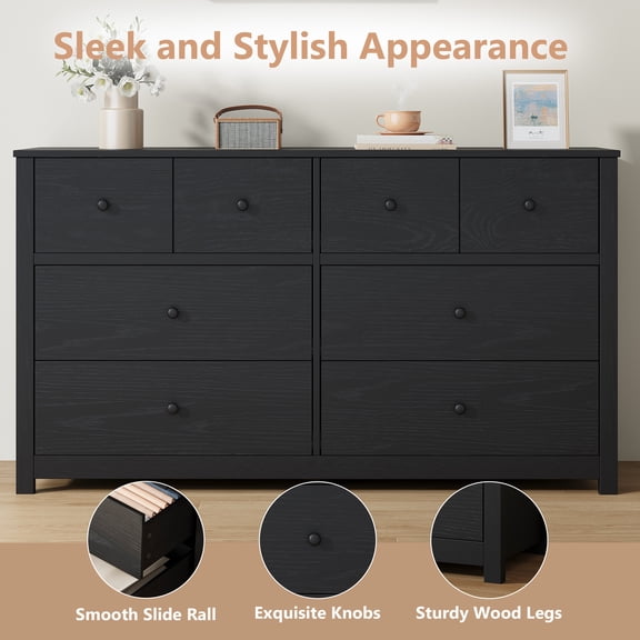PYY Black Dresser for Bedroom with 8 Drawers, 53 Inch Wide Double Dresser, Rustic Wood Long Storage Cabinet, Large Chest of Drawers Organizer for Closet, Living Room and Entryway, Black Oak