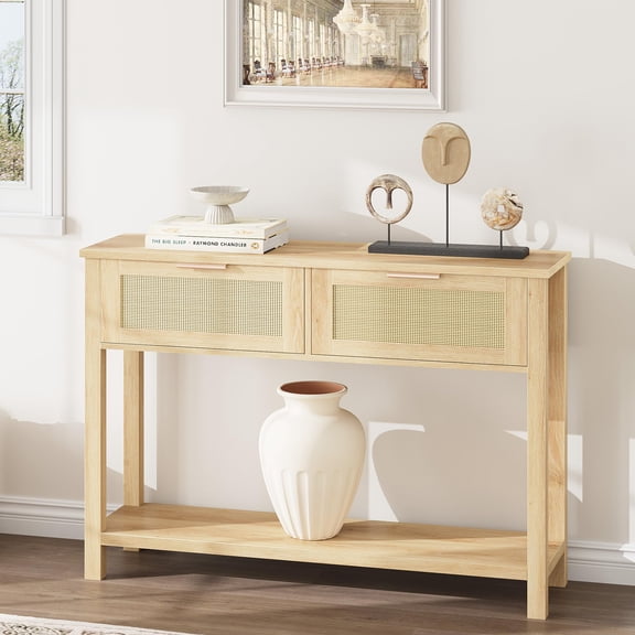 PYY Boho Rattan Console Table with 2 Drawers – 2-Tier Narrow Entryway Sofa Table – Storage Shelf – Modern Living Room, Hallway, Home Office, Foyer Accent – Reclaimed Caramel Oak – Natural Wood Color