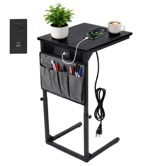 PYY C-Shaped End Table with Charging Station, Sofa Side Table for Couch - Hanging Organizer, Slim Small Accent Table for Living Room & Reading - Matte Black