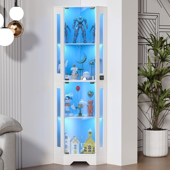 PYY Corner Glass Display Cabinet with Doors, 4-Tier Curio Display Case - LED Motion detector Light - Space-Saving Corner Showcase for Collectibles, White