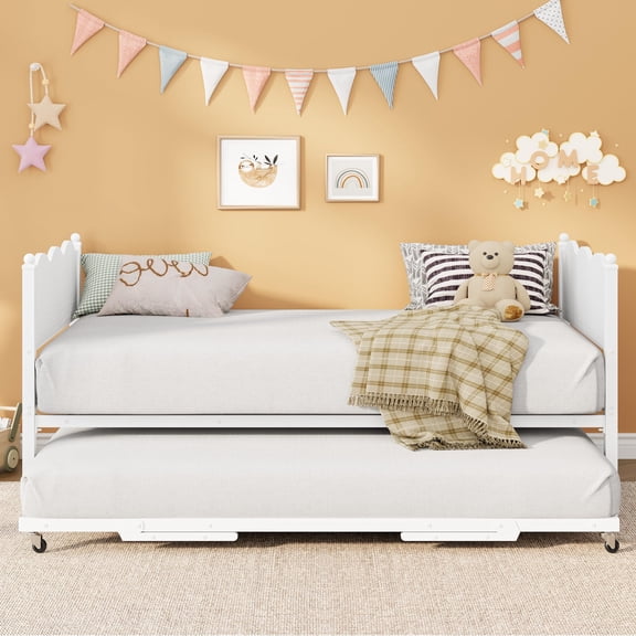 PYY Daybed with Trundle, Twin Size Day Bed with Metal Slat Support & Lockable Casters, Space-Saving Sofa Bed for Living Room, Guest Room, Home Office, No Box Spring Needed, White