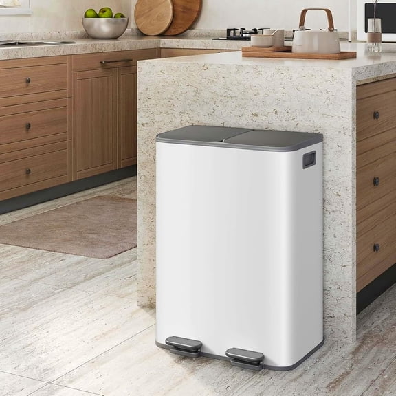 PYY Dual Compartment Kitchen Trash Can - 2 x 30L (8 Gal) Stainless Steel Step Bin - Soft-Close Lid, Removable Buckets, Hands-Free Waste & Recycling for Home Office, Bedroom, Living Room - White