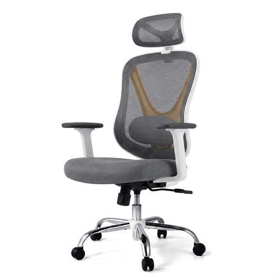 PYY Ergonomic Office Chair with V-Shaped Backrest, Adjustable Height & Armrests, Breathable Mesh Back, Swivel Computer Desk Chair, Quiet PU Wheels, Home Office, White Frame Gold Back