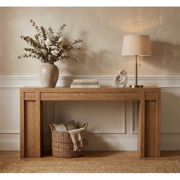 PYY Extra-Long 70'' Cherry Wooden Console Table – Farmhouse Entryway or Sofa Table with Thick Design, 2 Drawers, 2-Tier Open Storage, Sturdy for Living Room, Home Office or Dining – Cherry Color