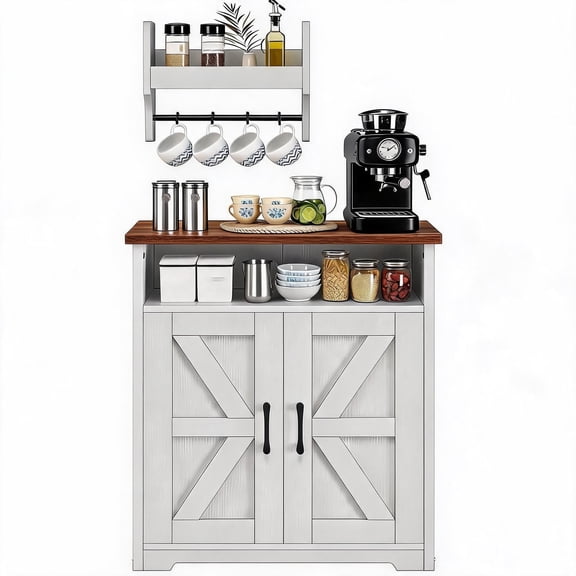 PYY Farmhouse Coffee Bar Cabinet with Adjustable Shelf – Compact Kitchen Island Sideboard for Small Spaces, White with Walnut Panel