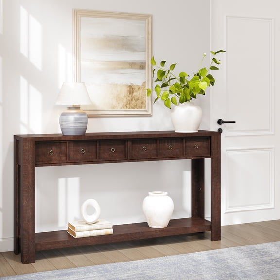 PYY Farmhouse Console Table – 54" Wooden Entryway Table with 2 Drawers, 2-Tier Open Storage Shelf, Sturdy L-Shape Legs, mark-Resistant MDF, Ideal for Hallway, Living Room, Behind Sofa – Brown