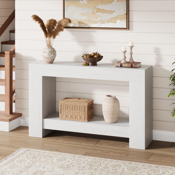 PYY Farmhouse Entryway Console Table – 2-Tier Long Sofa Table with Open Storage – Wooden Accent Table for Living Room, Hallway, Foyer – Sturdy Metal Legs, Antique White, 1.2 Meters