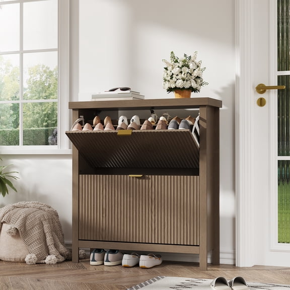 PYY Fluted Narrow Shoe Cabinet for Entryway, 2 Turnover-Down Drawers - Space-Saving Hidden Shoe Organizer with Adjustable Shelves, Freestanding Wood Storage with Gold Handles, Oak