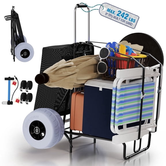 PYY Foldable Beach Cart with 9-Inch Balloon Wheels, 200 lbs Capacity, Gray