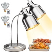 PYY Food Heat Lamp - [2 Bulbs Included] 500W Fast-Heating 2-Head Food Warmer Light, ETL-Certified Heat Lamp for Food, Stainless Steel Heavy Base for Restaurant, Catering, Buffet Polished Sliver