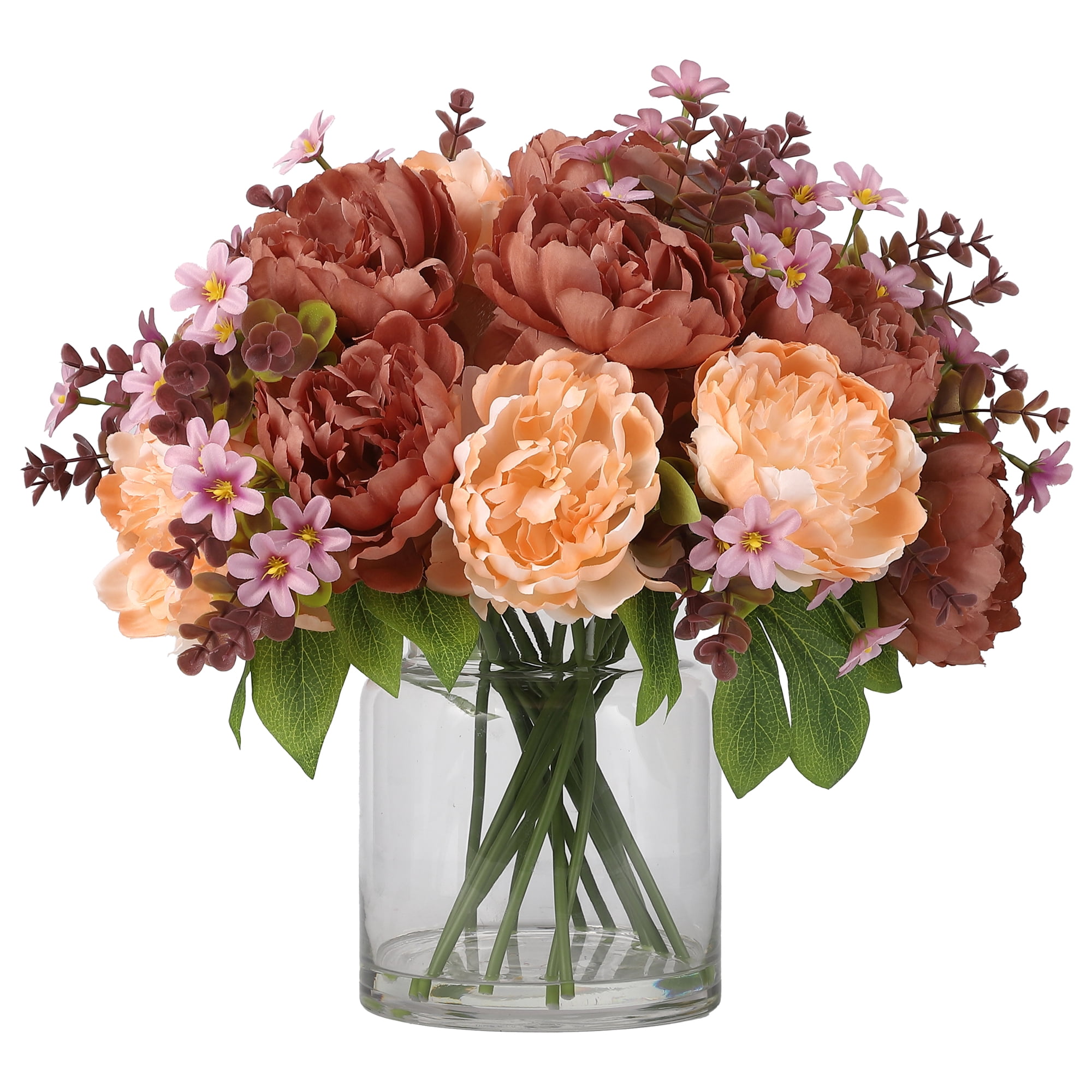 PYY Golden Brown Silk Peony Bouquet in Glass Vase with Faux Water – Real Touch Artificial Flowers for Home Decor and Home Office, Wedding, Table Centerpiece