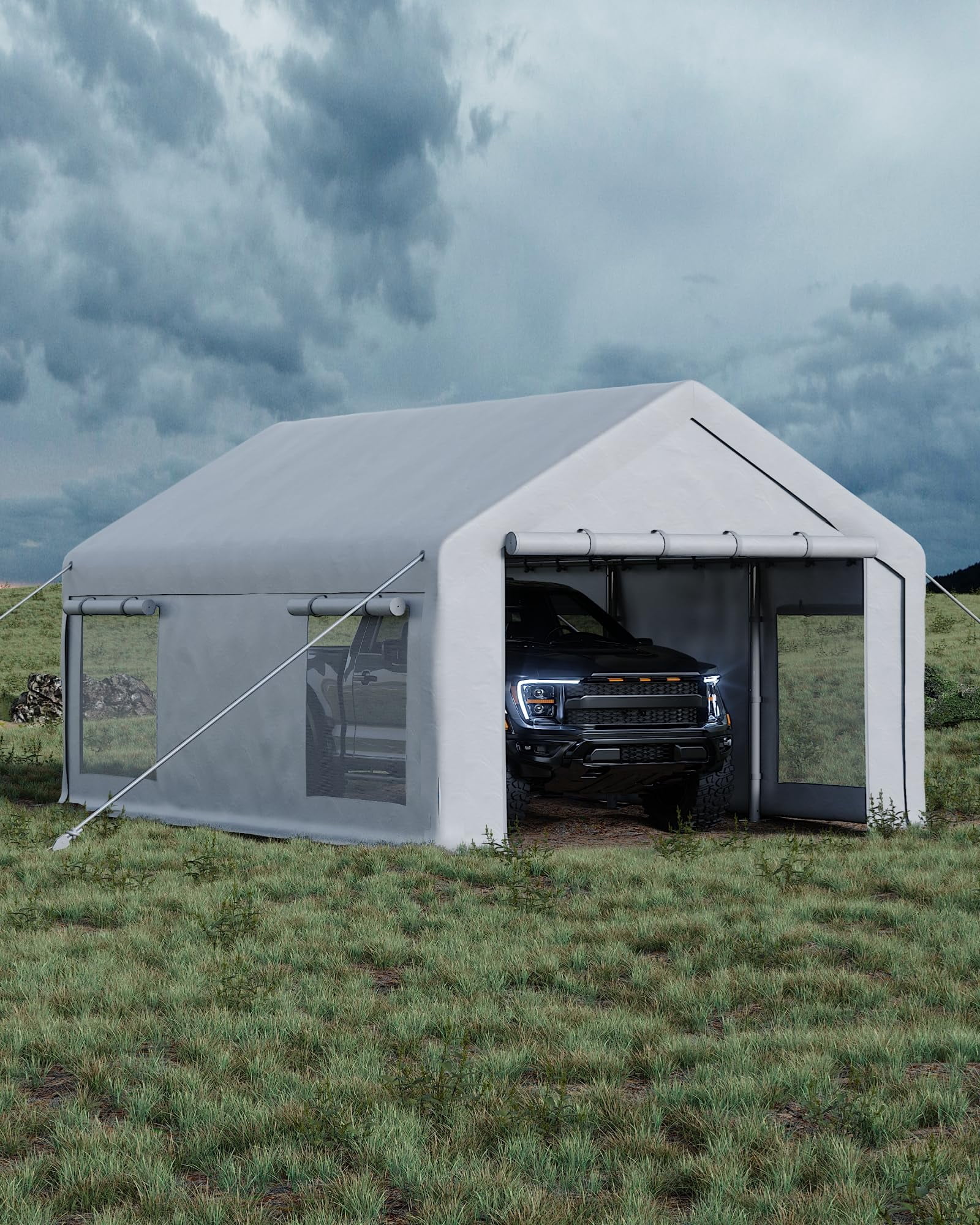 PYY Heavy Duty 10x20 ft Portable Carport Garage – 200g PE Canopy, Dual Roll-Up Doors, 4 Windows, Weather-Resistant, Ideal for Paint Booth, Boat, Pickup, Outdoor Storage – White