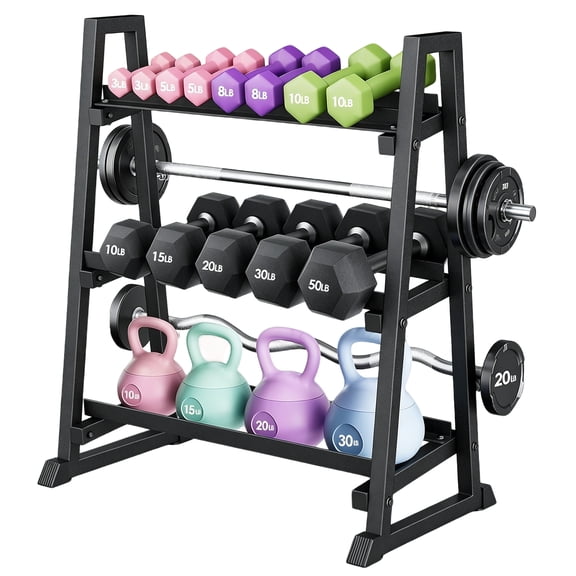 PYY Heavy Duty 3-Tier Dumbbell Rack for Home Gym 1300LB Trapezoidal Steel Weight Storage Stand Adjustable Multi-Equipment Organizer for Dumbbells, Kettlebells, Barbells & Plates