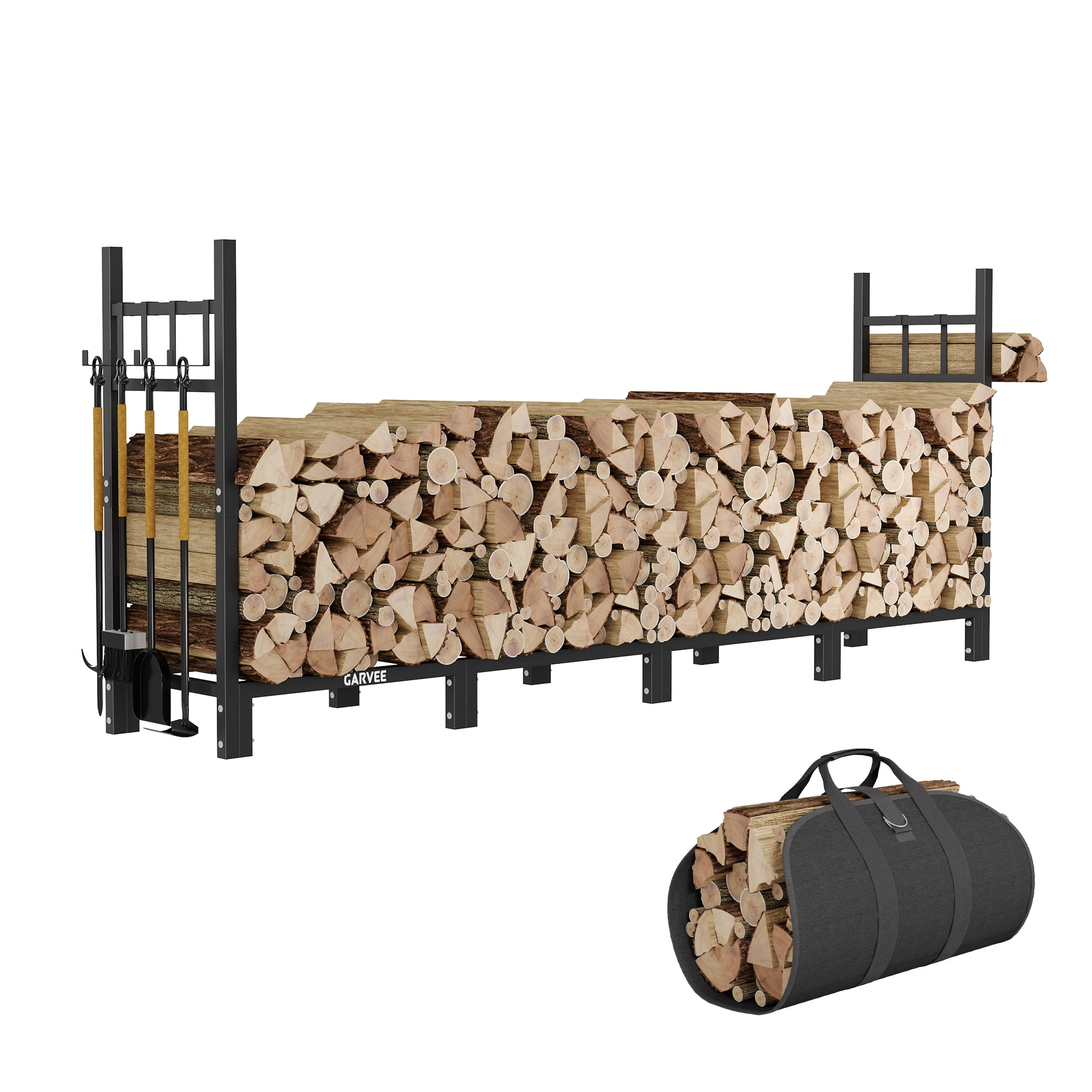 PYY Heavy-Duty 6FT Steel Firewood Rack with Log Carrier Bag & Kindling ...