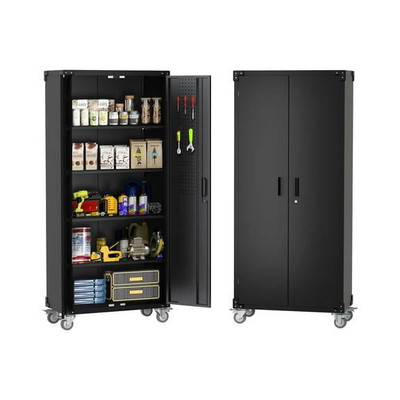 PYY Heavy Duty Black Metal Storage Cabinet with Wheels – 72" Lockable Steel Tool Locker, Pegboard, 4 Adjustable Shelves, Magnetic Lock – Garage, Home, Office Organizer, Black